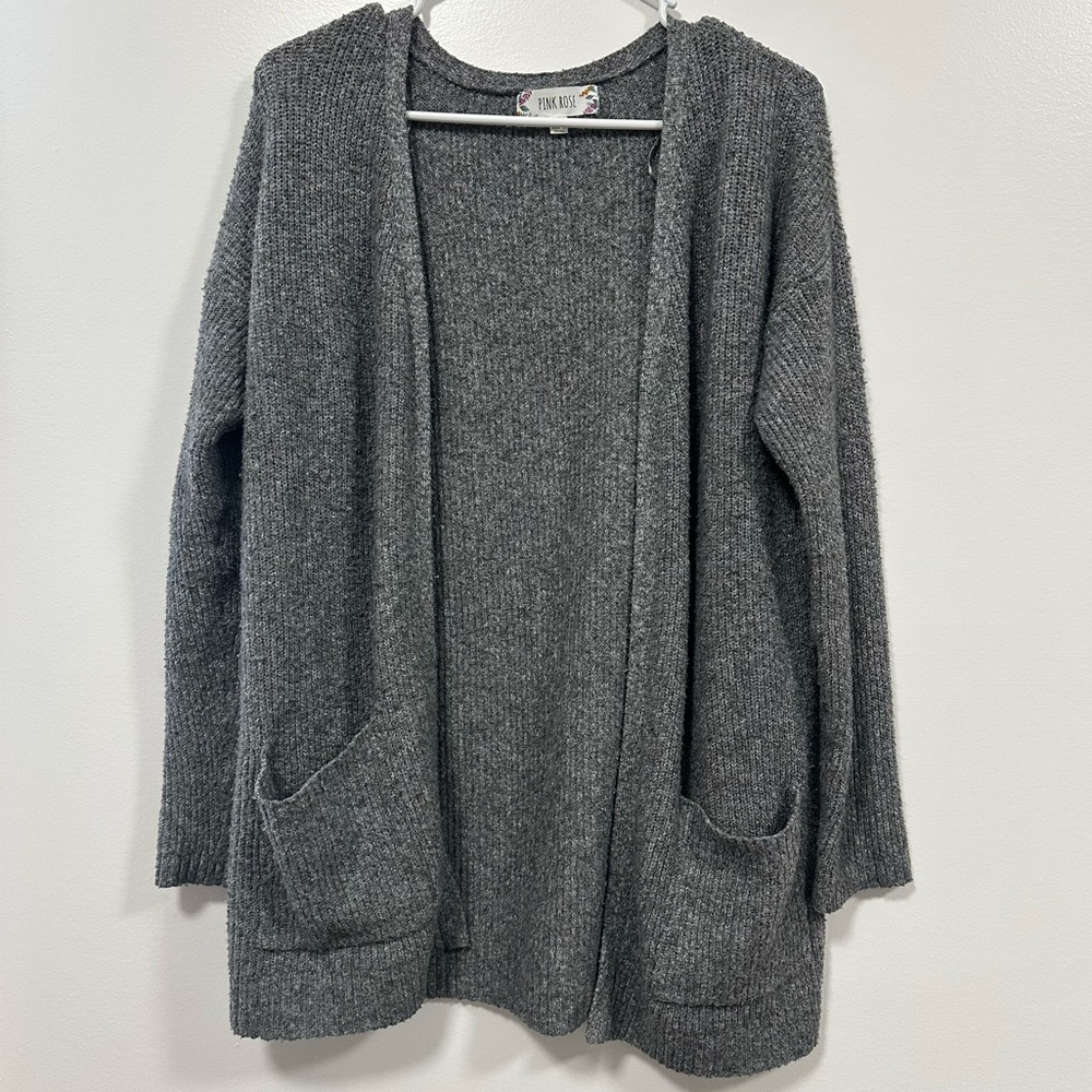 Pink Rose Grey Knitted Long Line Cardigan M